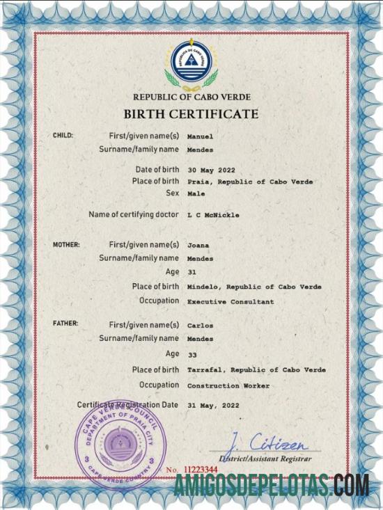 Imprimível modelo PSD de certidão de nascimento de registro vital de Cabo Verde